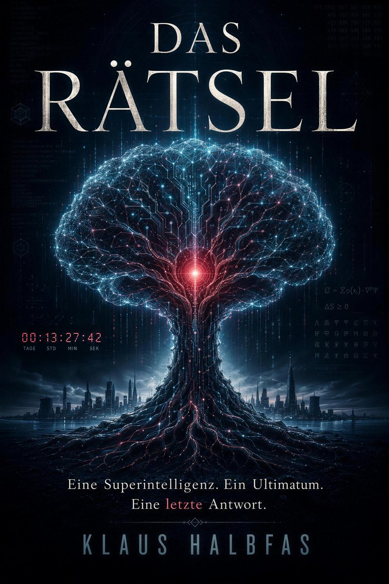 Buchcover: Das Rätsel von Klaus Halbfas — ein leuchtender neuronaler Baum über einer nächtlichen Skyline